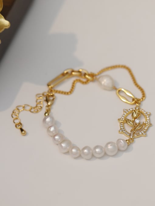 18K Gold Freshwater Pearl [Bracelet] Brass Freshwater Pearl Flower Trend Beaded Bracelet